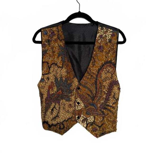 Tops - Vintage Embroidered Beaded Patterned Vest with Satin Back